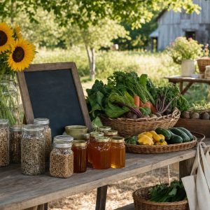 A rustic farm market table with vegetables, honey jars, seeds and sunflowers at Penrose Farm