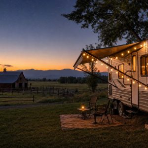 An RV parked at Penrose Farm at dusk with string lights, a barn and Colorado foothills behind