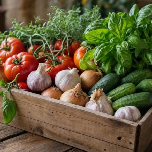 A wooden crate of fresh tomatoes, onions, garlic, cucumbers and herbs from Penrose Farm