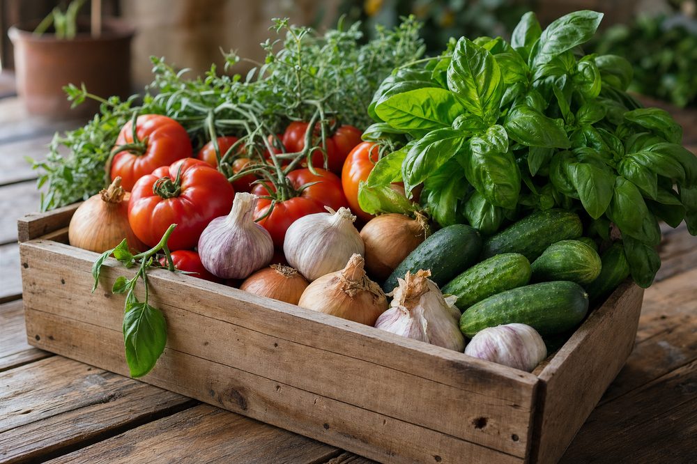 A wooden crate of fresh tomatoes, onions, garlic, cucumbers and herbs from Penrose Farm