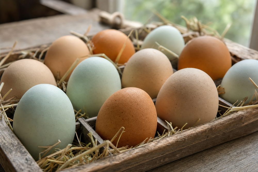 Fresh pasture-raised brown and blue-green duck eggs in a rustic wooden carton